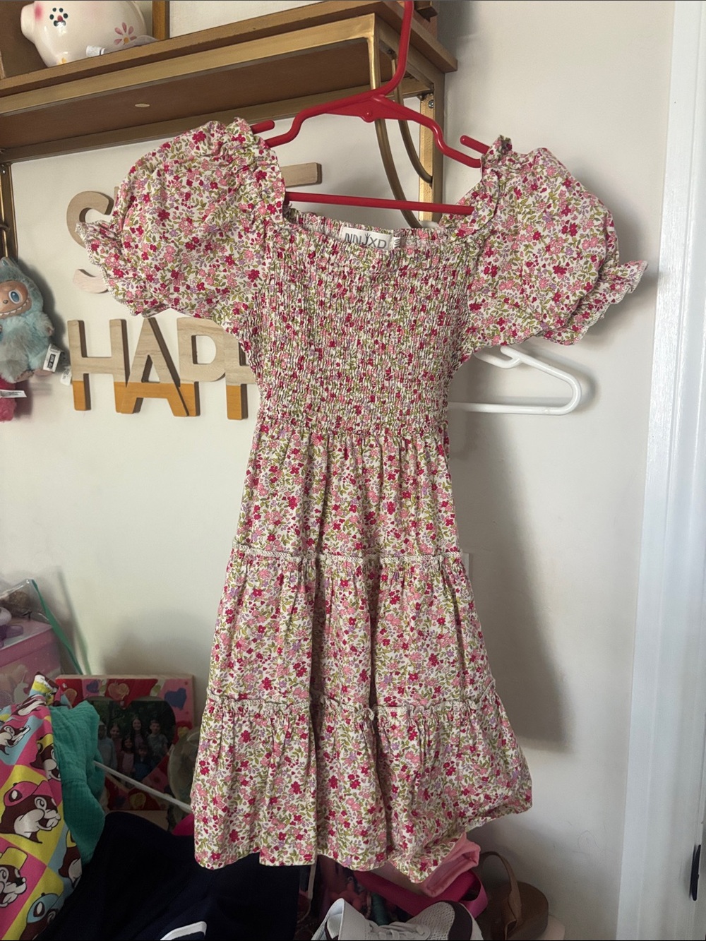Amazon Girls' Pink and Green Floral Smocked Puff-Sleeve Dress